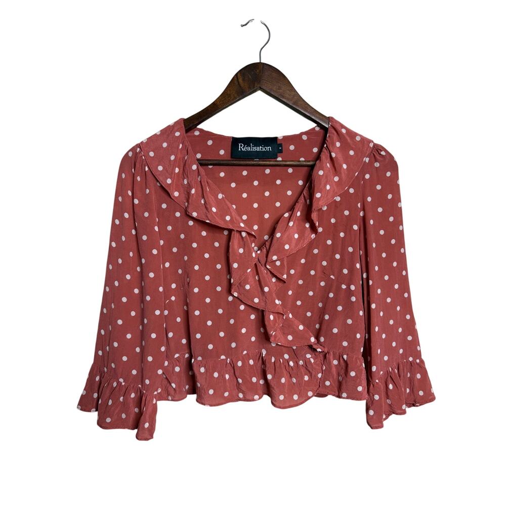 Réalisation Par Cher 100% Silk Rust Polka Dot Ruffle Wrap Top M